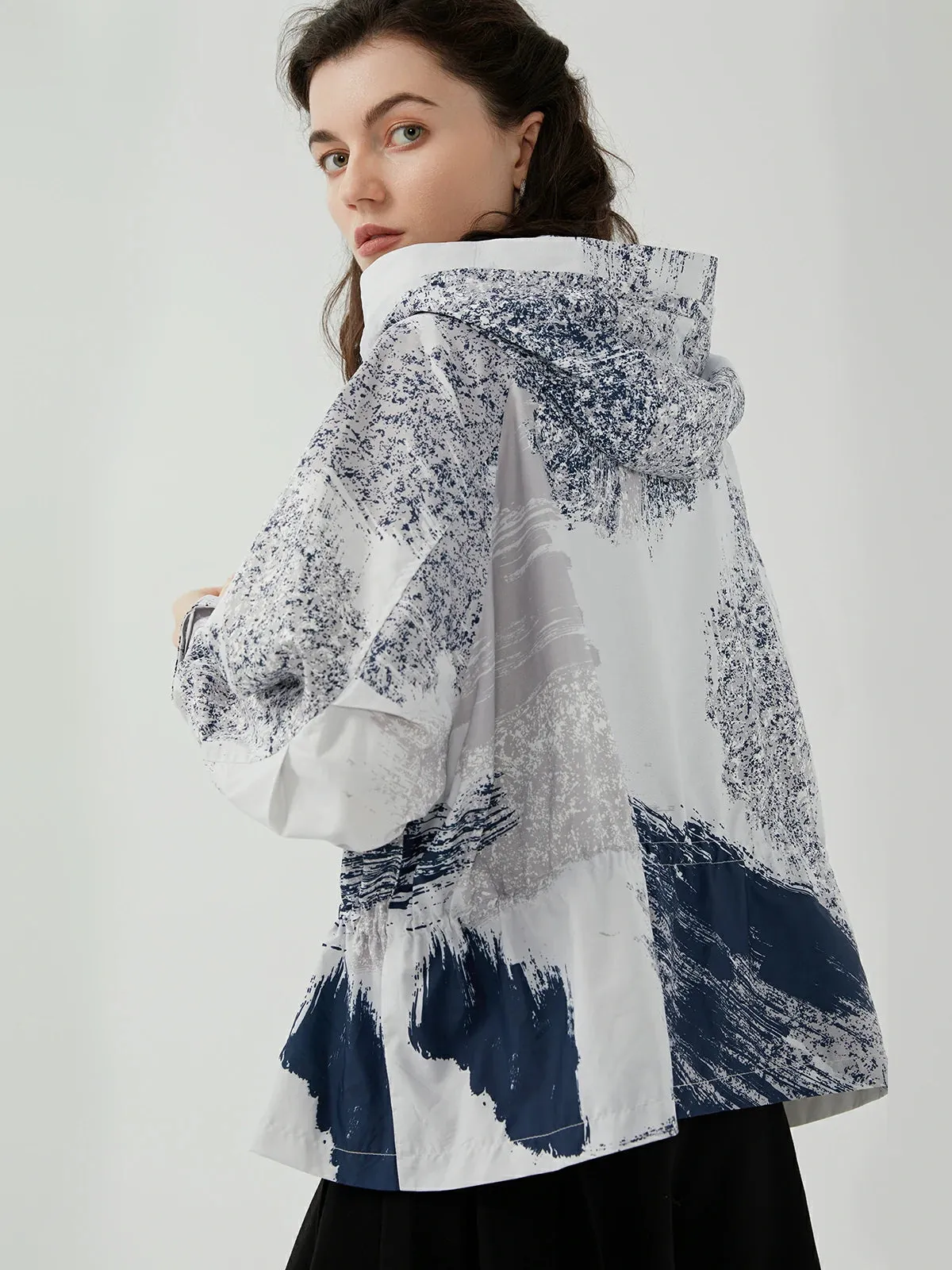 Hooded Contrast Color Printed Cropped Jacket