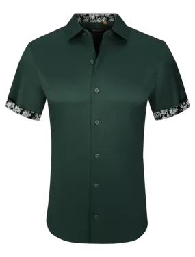 Hunter green men's short sleeve shirts stretch material paisley cuff design on the sleeves