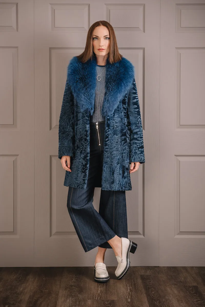 Indigo Blue Mid-Length Karakul Fur Coat - Fox Fur Collar
