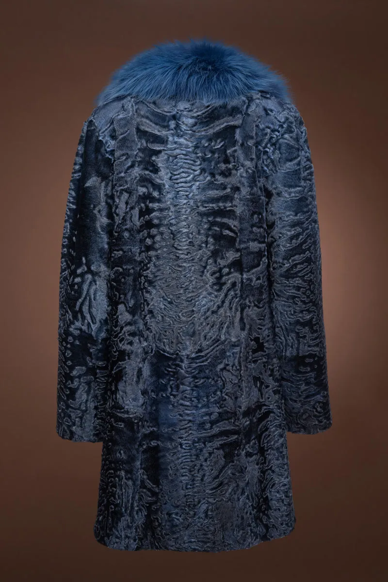 Indigo Blue Mid-Length Karakul Fur Coat - Fox Fur Collar