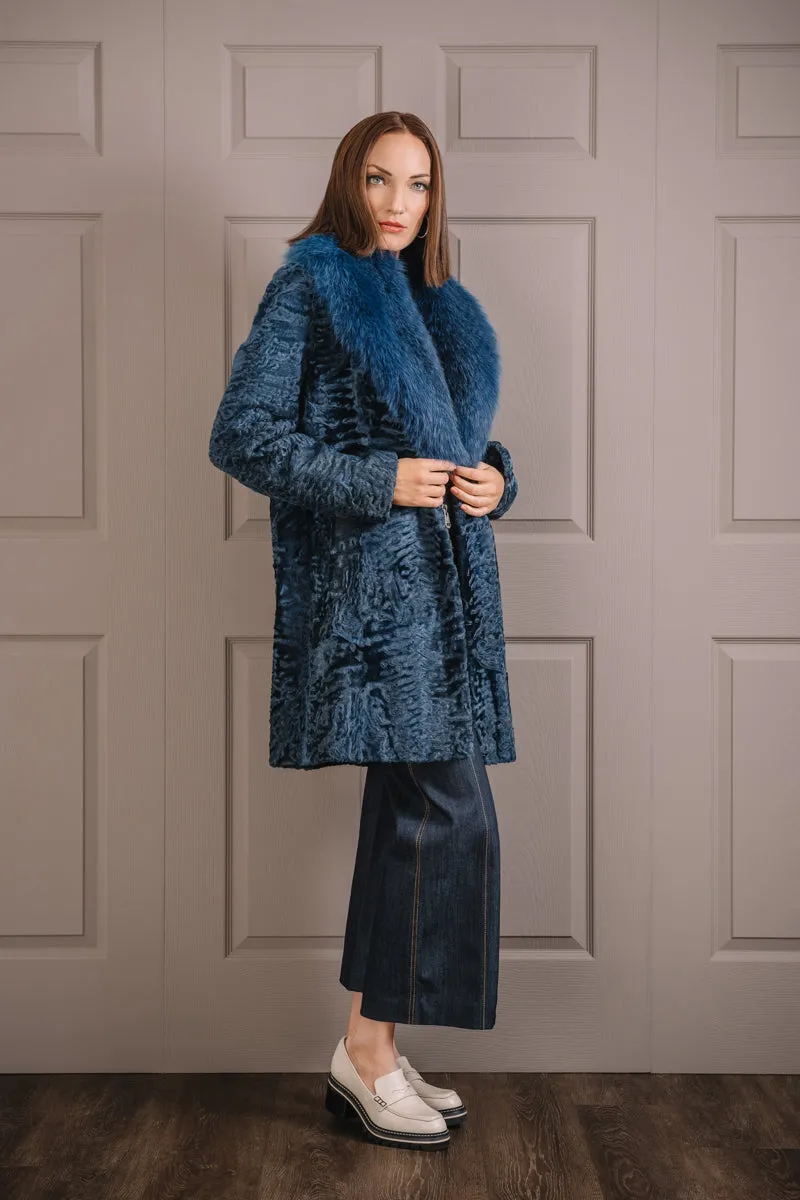 Indigo Blue Mid-Length Karakul Fur Coat - Fox Fur Collar
