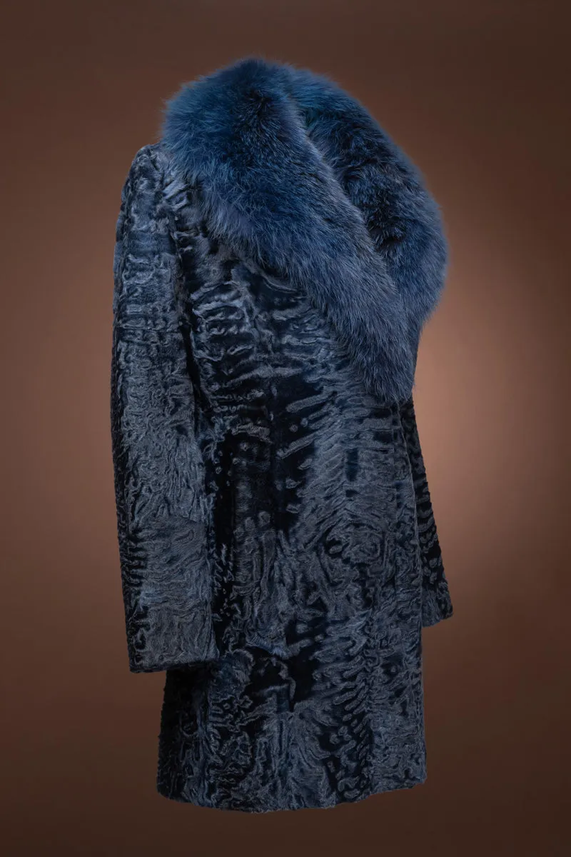 Indigo Blue Mid-Length Karakul Fur Coat - Fox Fur Collar