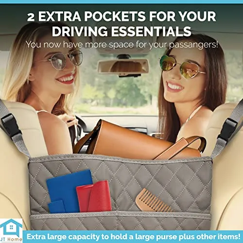 JT HOME Car Net Pocket Handbag Holder Luxury Quilted PU Leather Organizer Grey