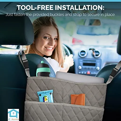 JT HOME Car Net Pocket Handbag Holder Luxury Quilted PU Leather Organizer Grey