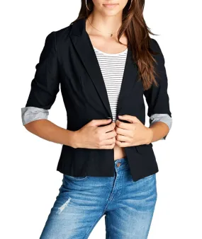 Khanomak Plain Cotton 3/4 Sleeve One Button Striped Cuffed Sleeves Blazer Jacket