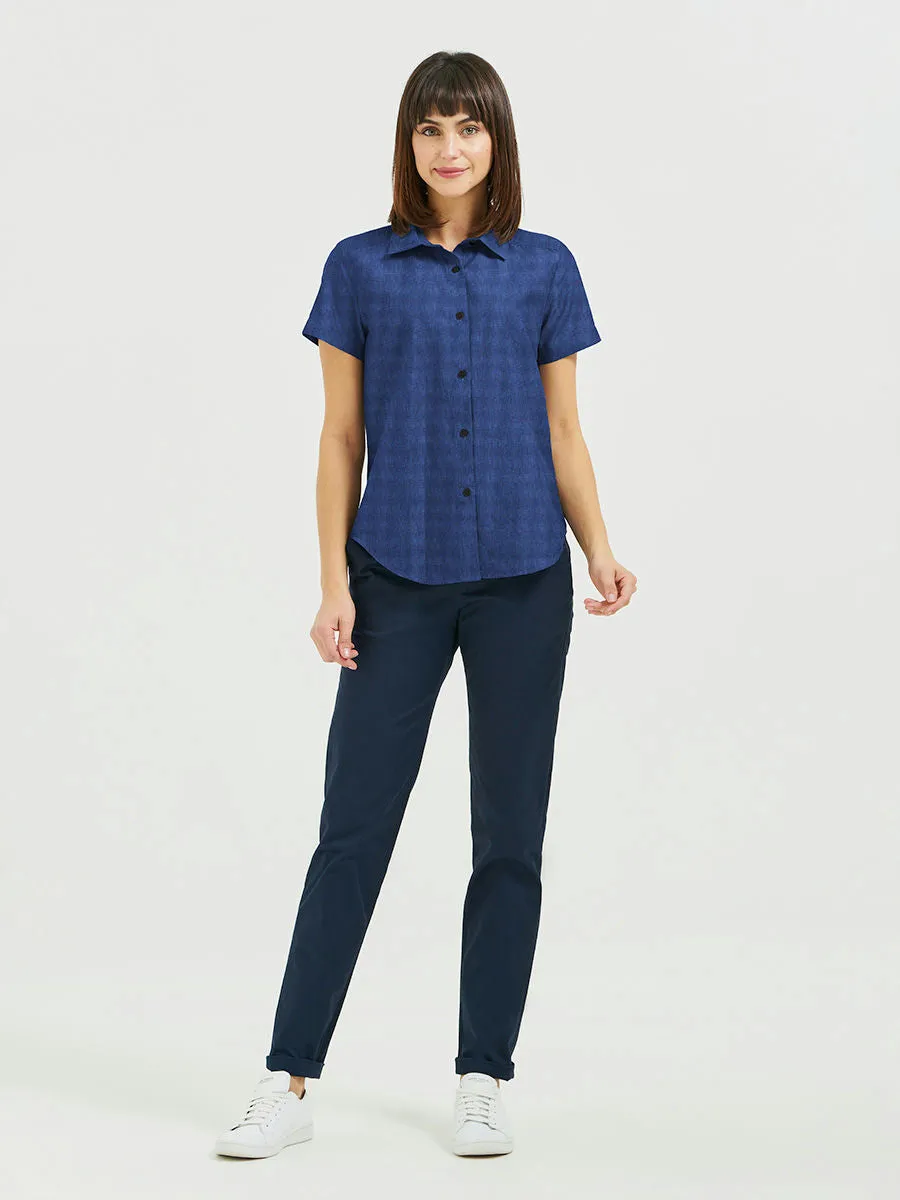 Ladies' Boyfriend Short Sleeve Blouse - Navy/Blue