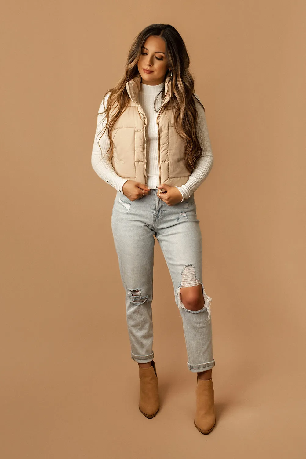 Last To Know Cropped Puffer Vest (Almond)