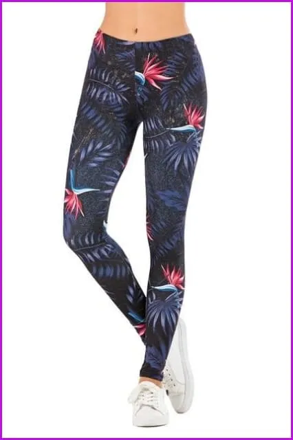 Leaf Printing High Waist Slim Fitness Pants DE111
