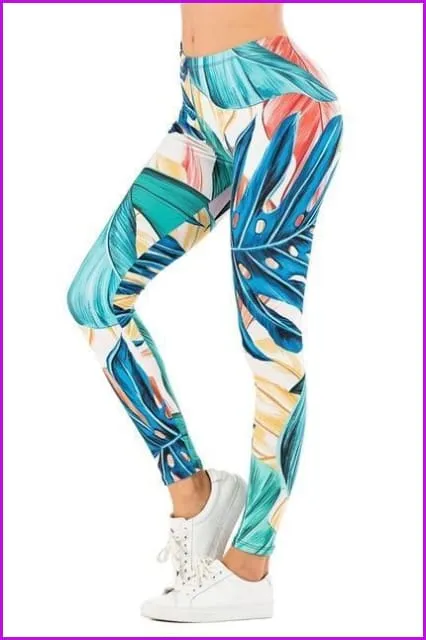Leaf Printing High Waist Slim Fitness Pants DE111