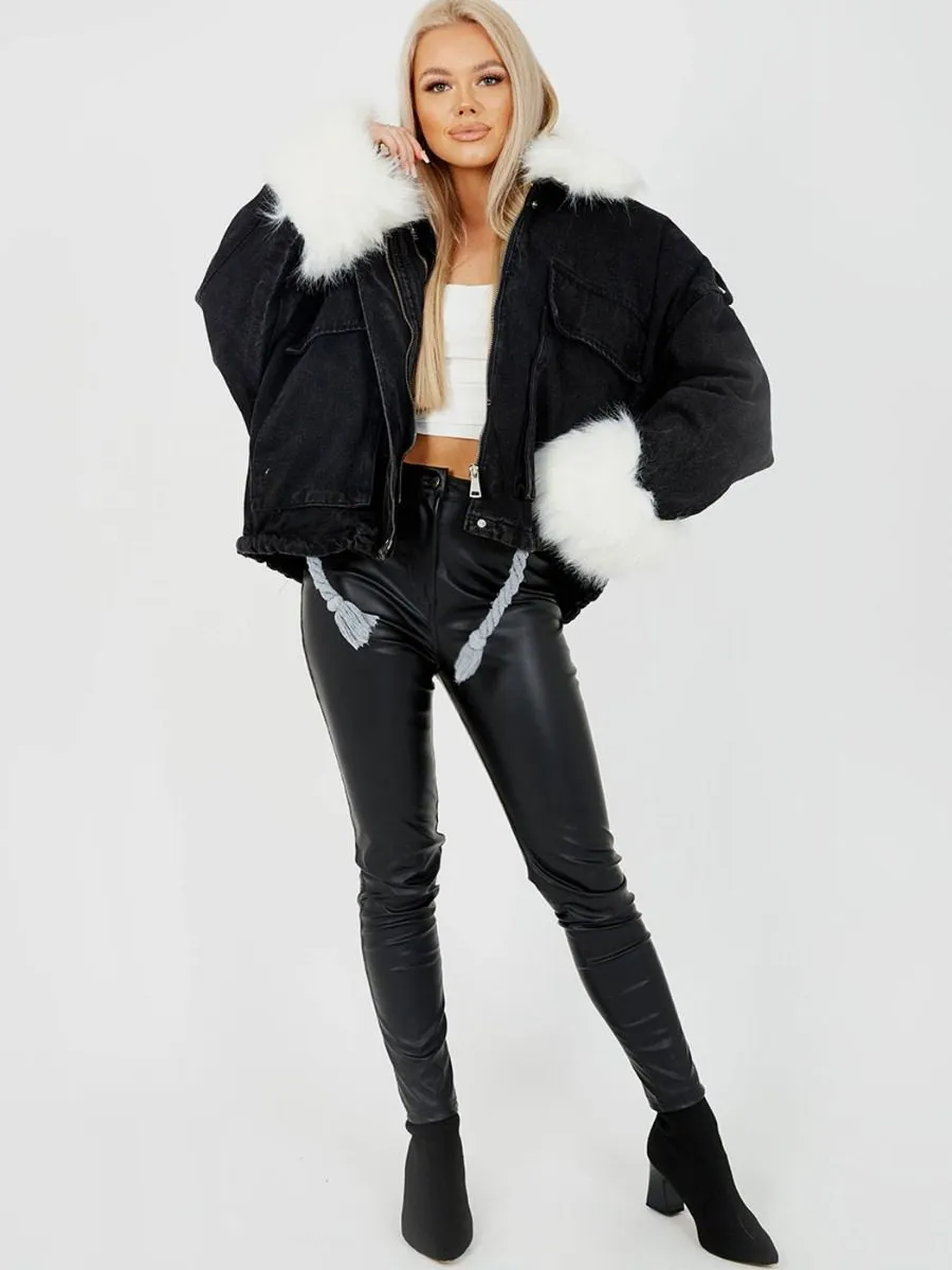 Lila Oversized Faux Fur Lined Black Denim Jacket
