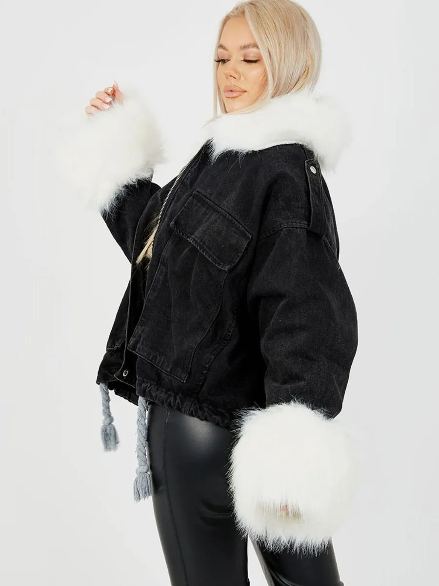 Lila Oversized Faux Fur Lined Black Denim Jacket