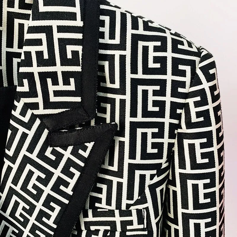 Lion Buttons Geometric Jacquard Blazer