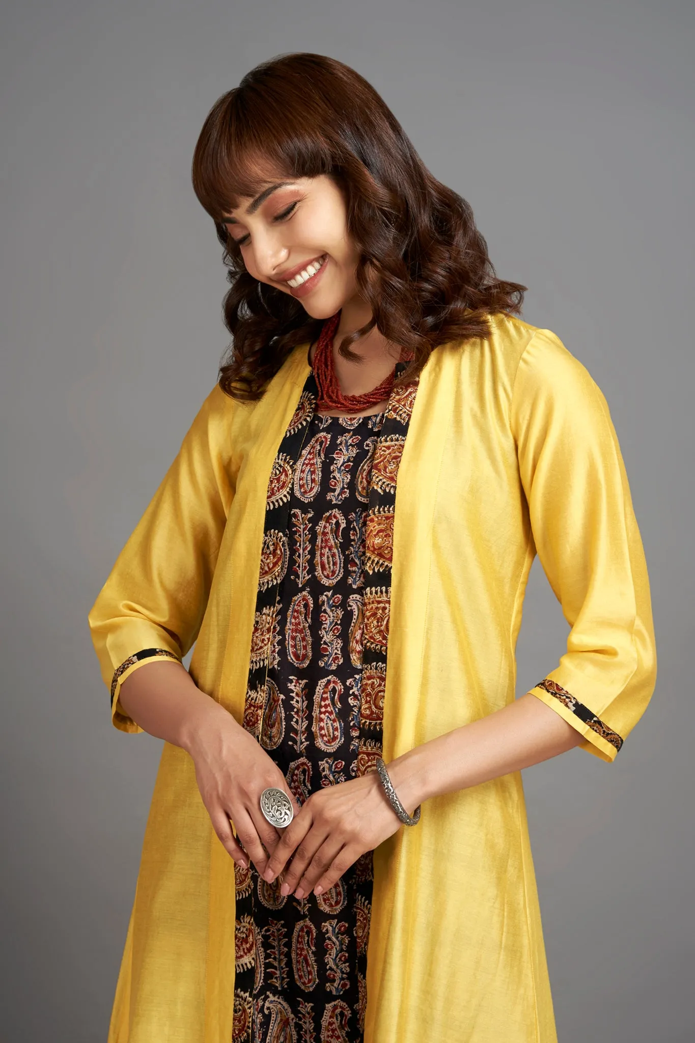 long chanderi jacket - blazing yellow & sable paisleys (only jacket)