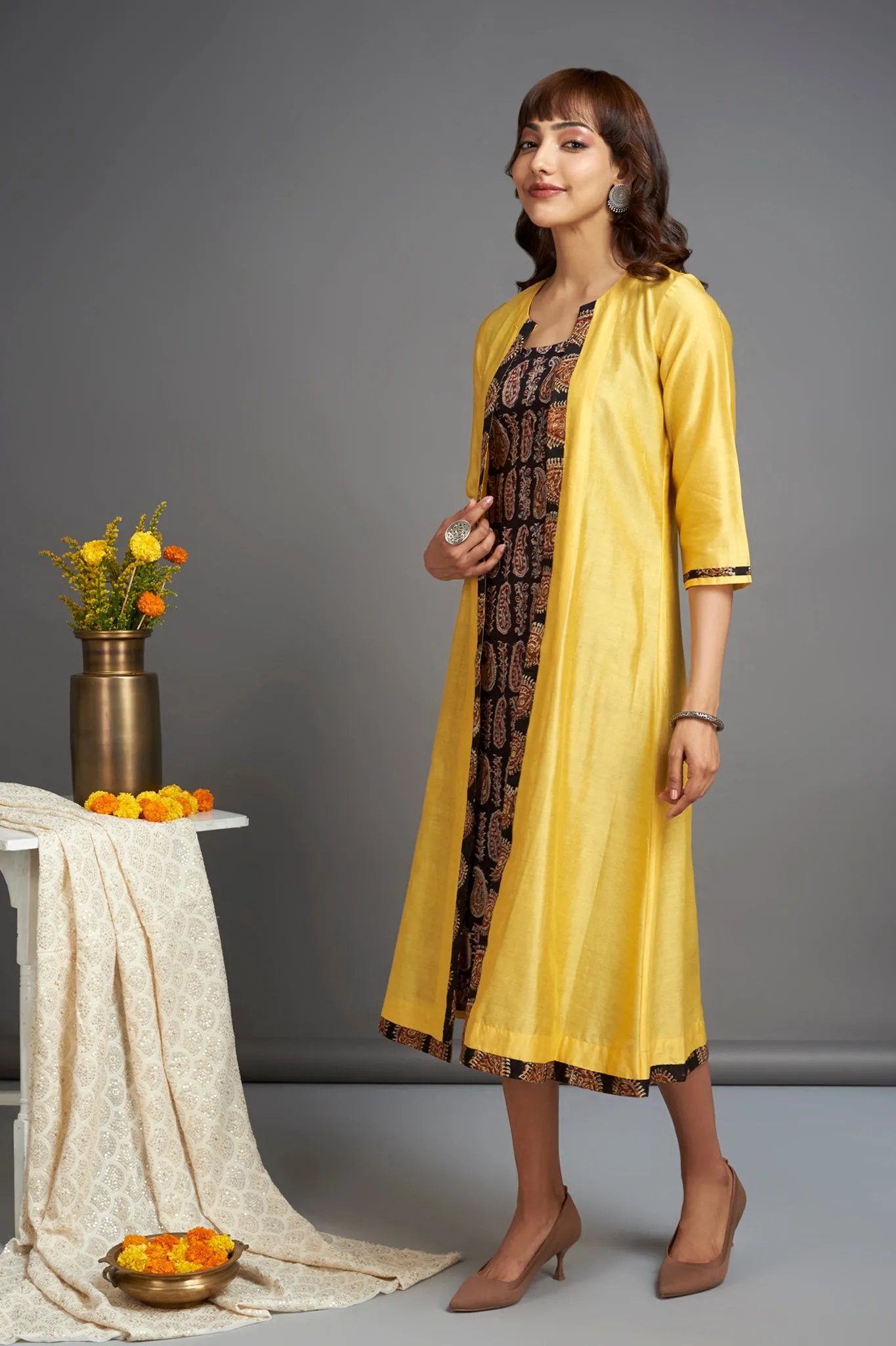 long chanderi jacket - blazing yellow & sable paisleys (only jacket)