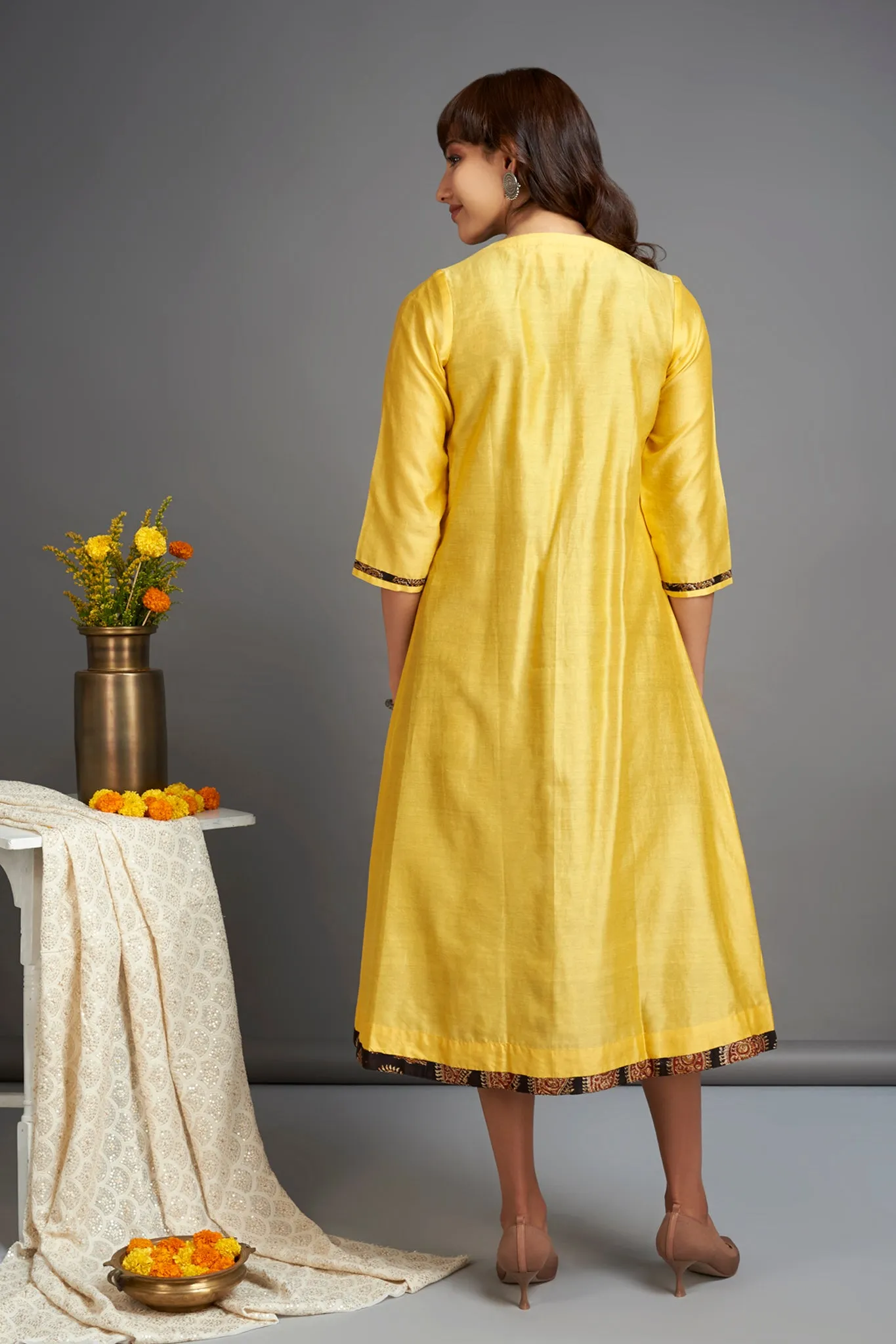 long chanderi jacket - blazing yellow & sable paisleys (only jacket)