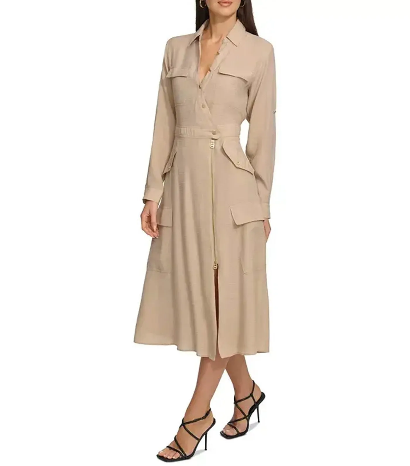 Long Sleeve Silky Cargo Midi Dress Sandalwood