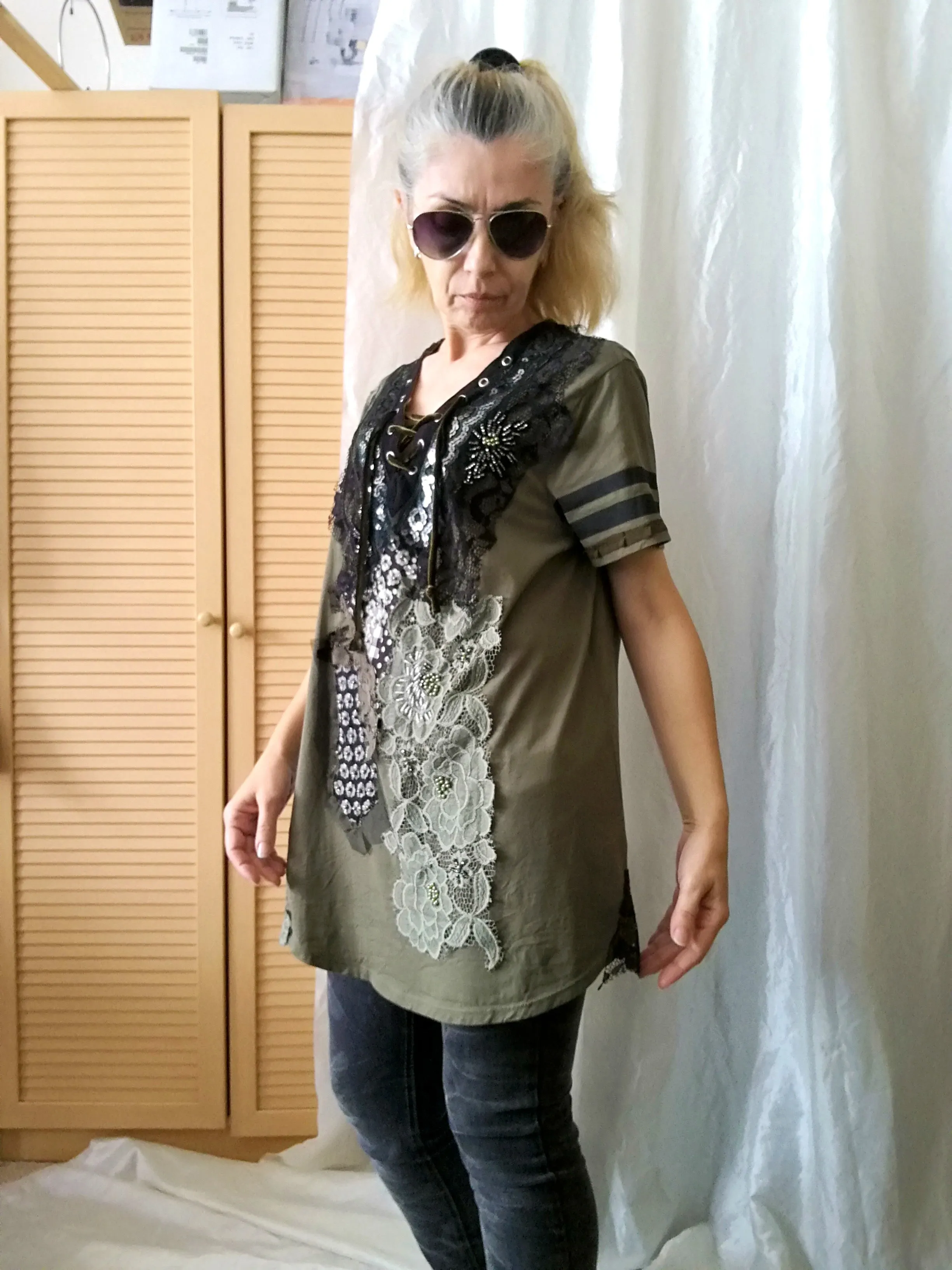Long T Shirt Dress,M/L Embroidered Khaki Top