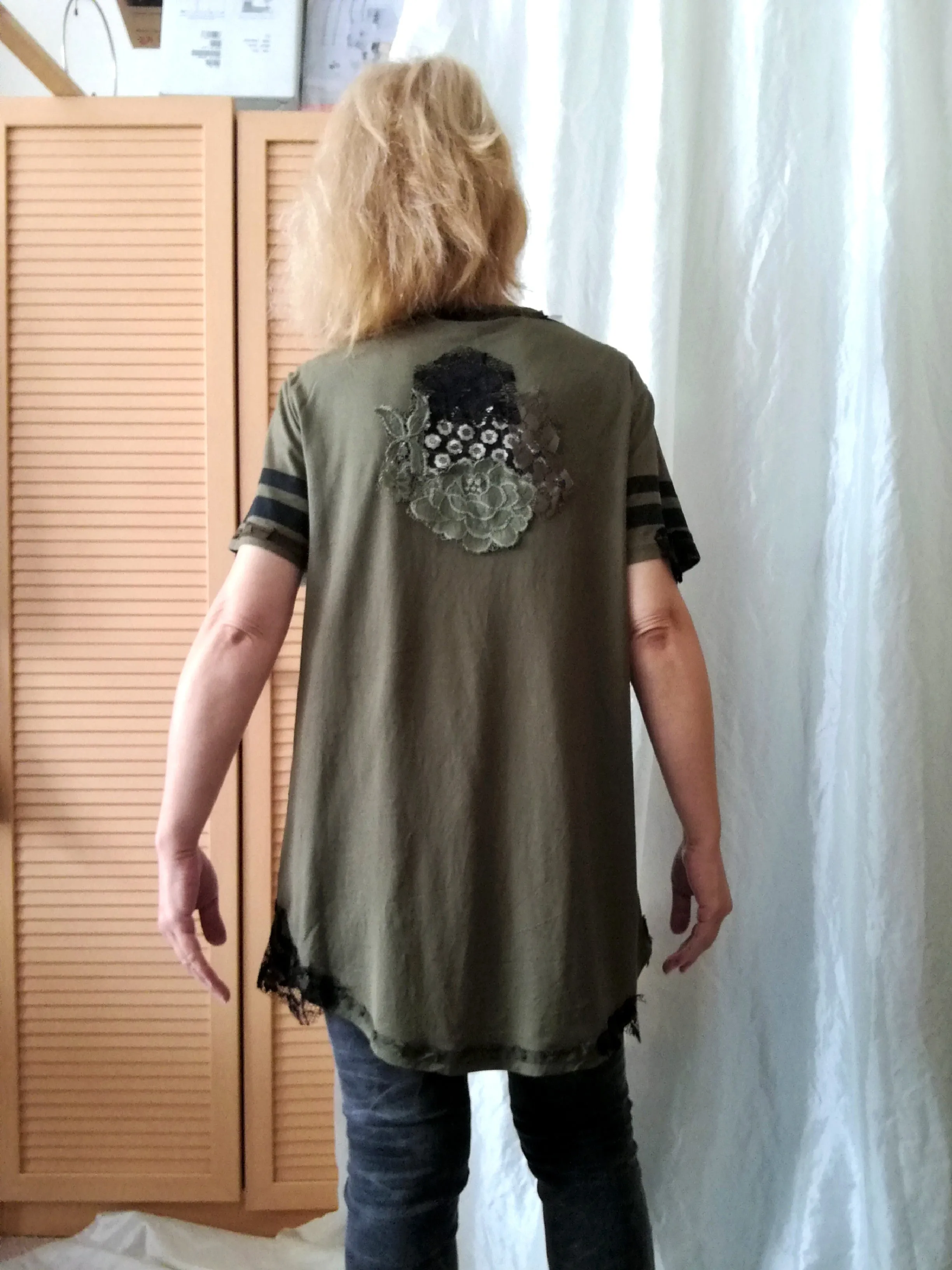 Long T Shirt Dress,M/L Embroidered Khaki Top