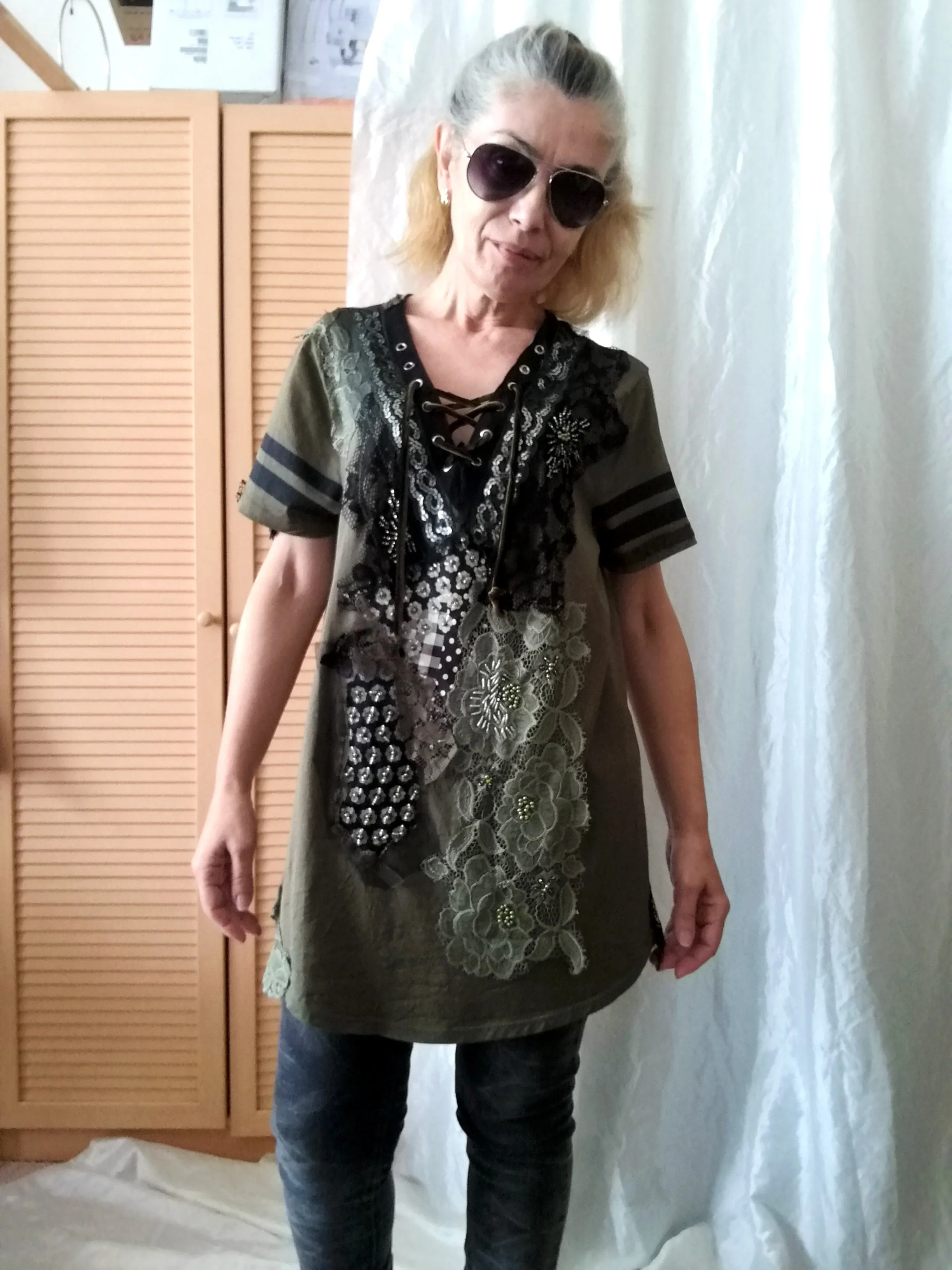 Long T Shirt Dress,M/L Embroidered Khaki Top