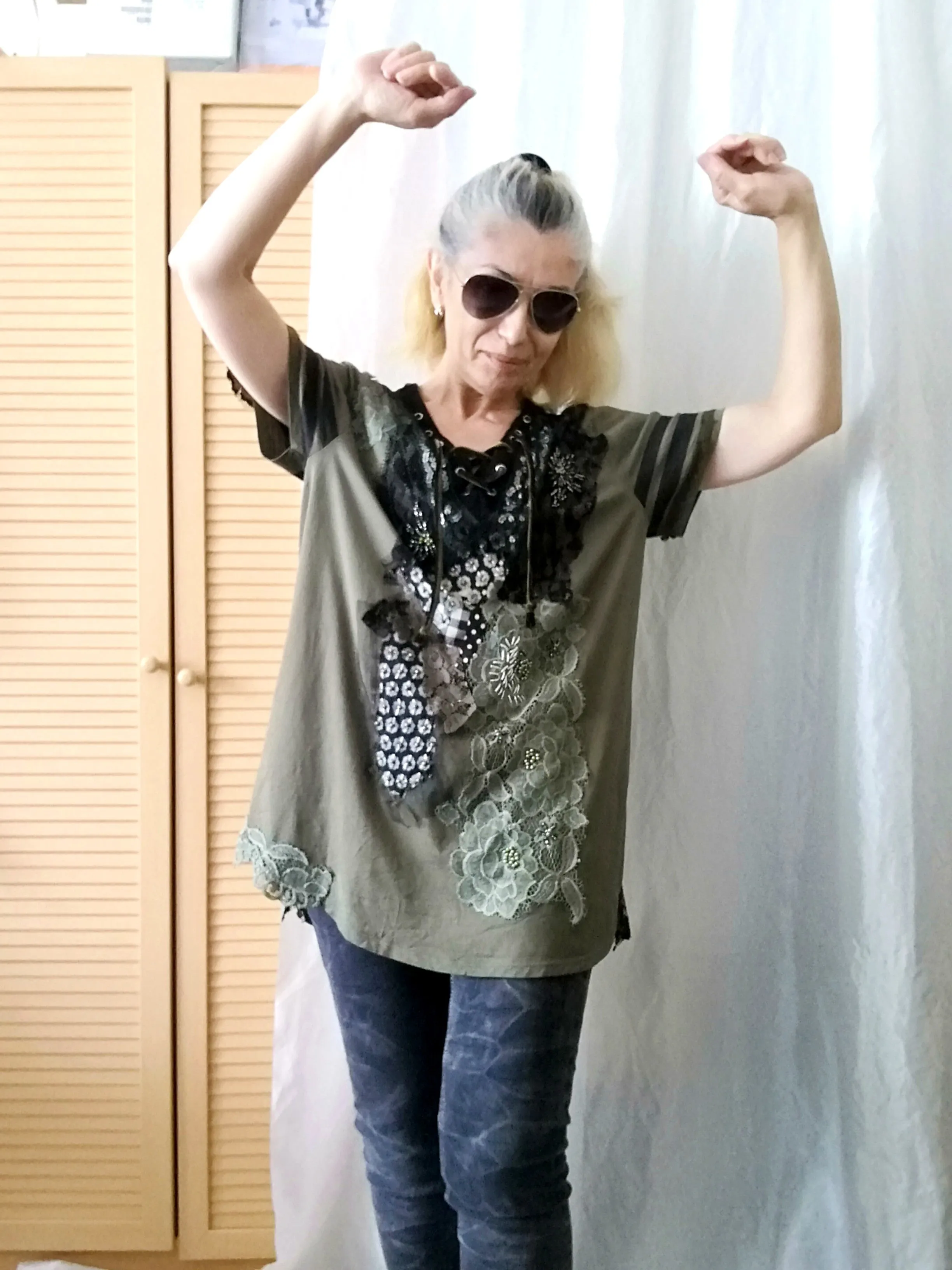 Long T Shirt Dress,M/L Embroidered Khaki Top