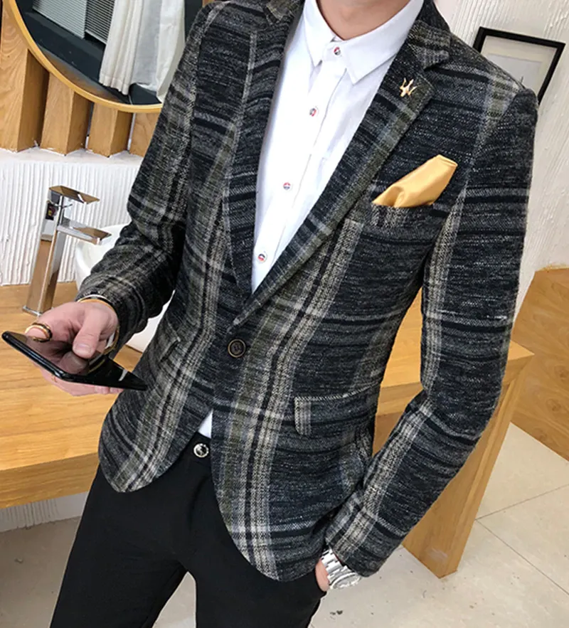 Men Blazer Slim Fit Designs Male Plaid Blazer