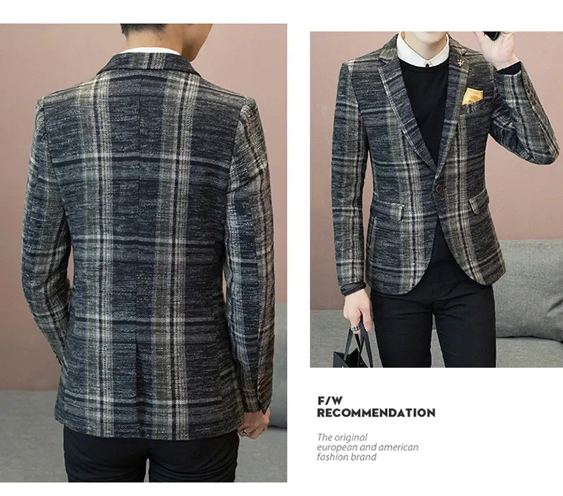 Men Blazer Slim Fit Designs Male Plaid Blazer