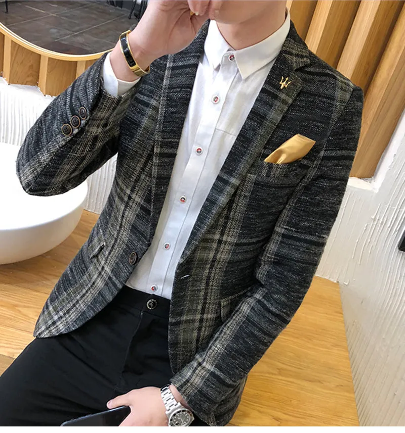 Men Blazer Slim Fit Designs Male Plaid Blazer