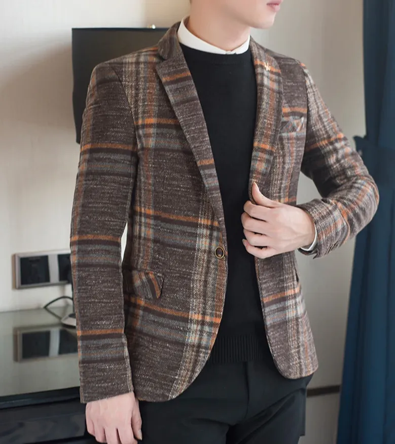Men Blazer Slim Fit Designs Male Plaid Blazer