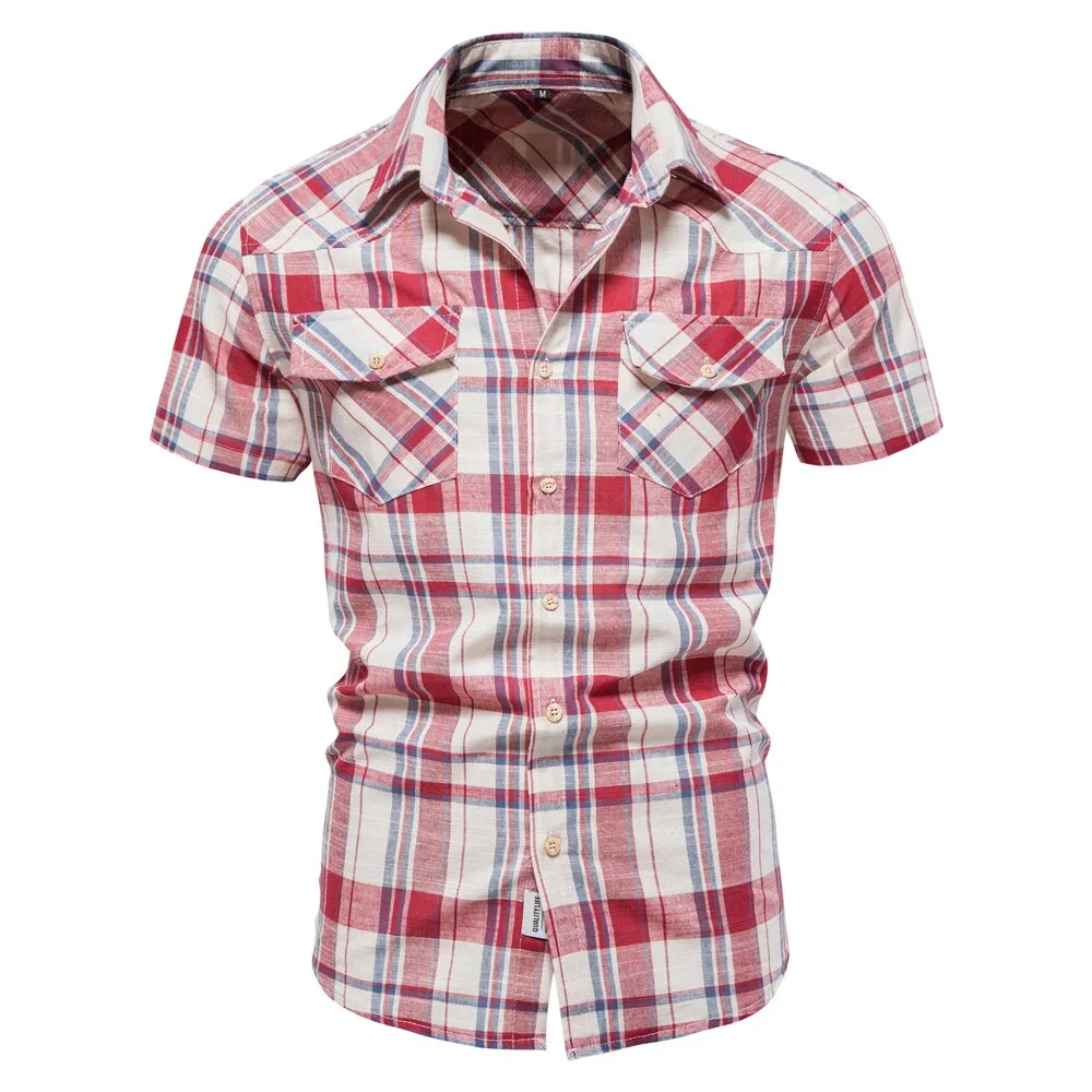 Men Cotton Short Sleeve Checkered Shirt