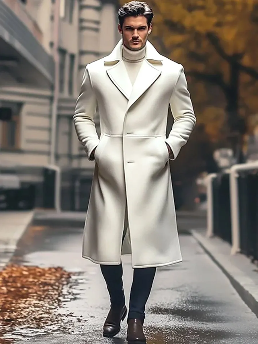 Men's Business Lapel Collar Button Long Woolen Overcoat