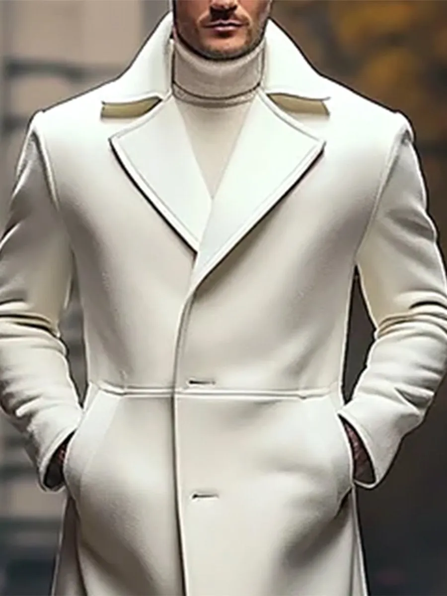 Men's Business Lapel Collar Button Long Woolen Overcoat