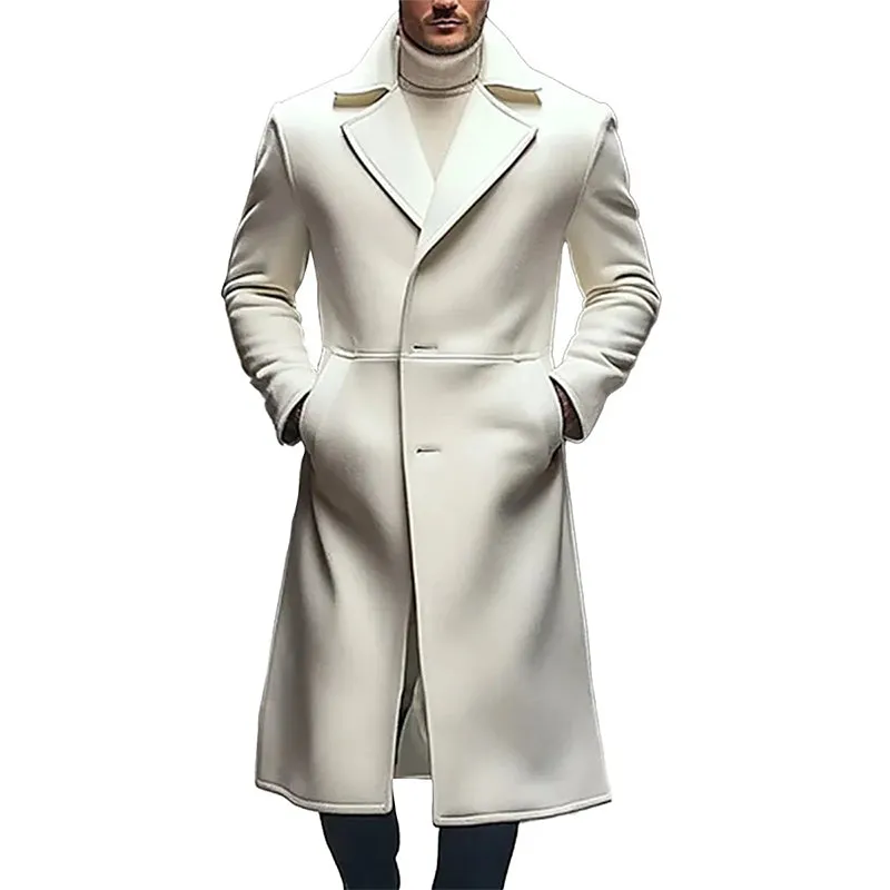 Men's Business Lapel Collar Button Long Woolen Overcoat