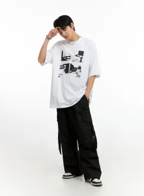 Men's Cargo Chic Cotton Wide-Leg Pants (Black) IG402