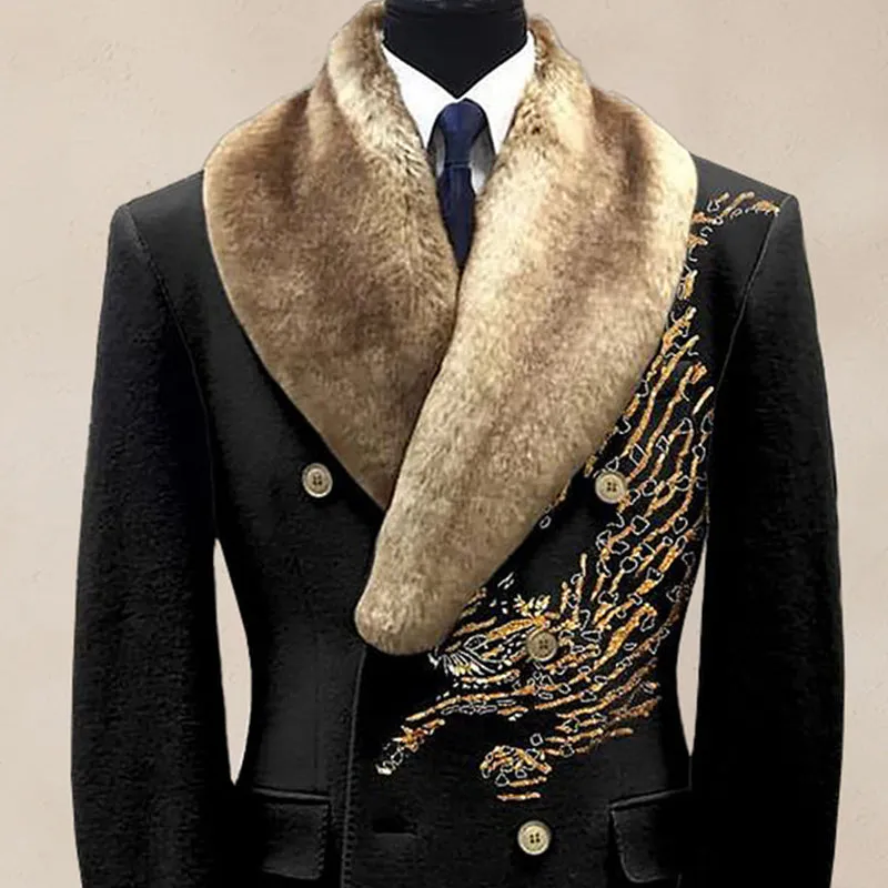Men's Casual Contrast Binding Button Long Sleeve Windproof Fur Collar Overcoat 250199963