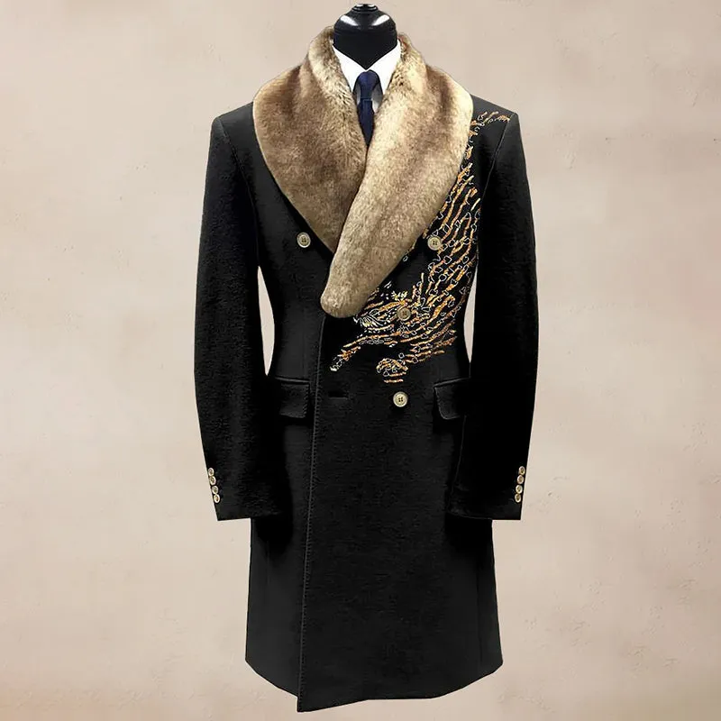 Men's Casual Contrast Binding Button Long Sleeve Windproof Fur Collar Overcoat 250199963