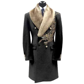 Men's Casual Contrast Binding Button Long Sleeve Windproof Fur Collar Overcoat 250199963