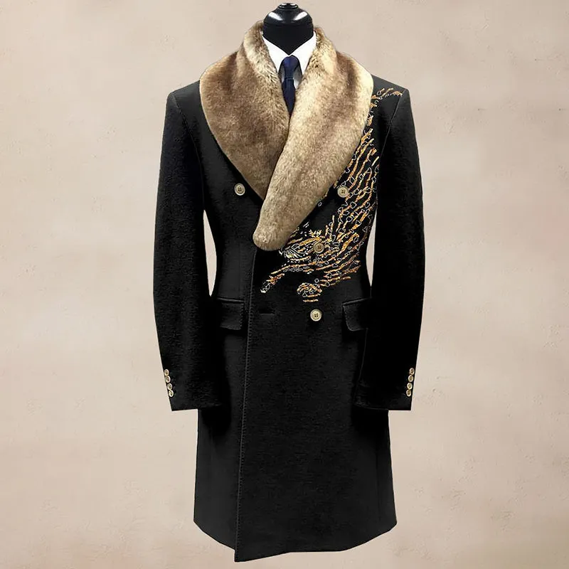 Men's Casual Contrast Binding Button Long Sleeve Windproof Fur Collar Overcoat 250199963