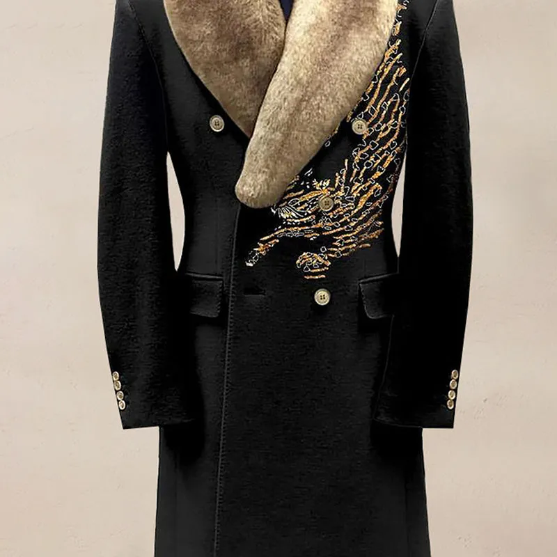 Men's Casual Contrast Binding Button Long Sleeve Windproof Fur Collar Overcoat 250199963