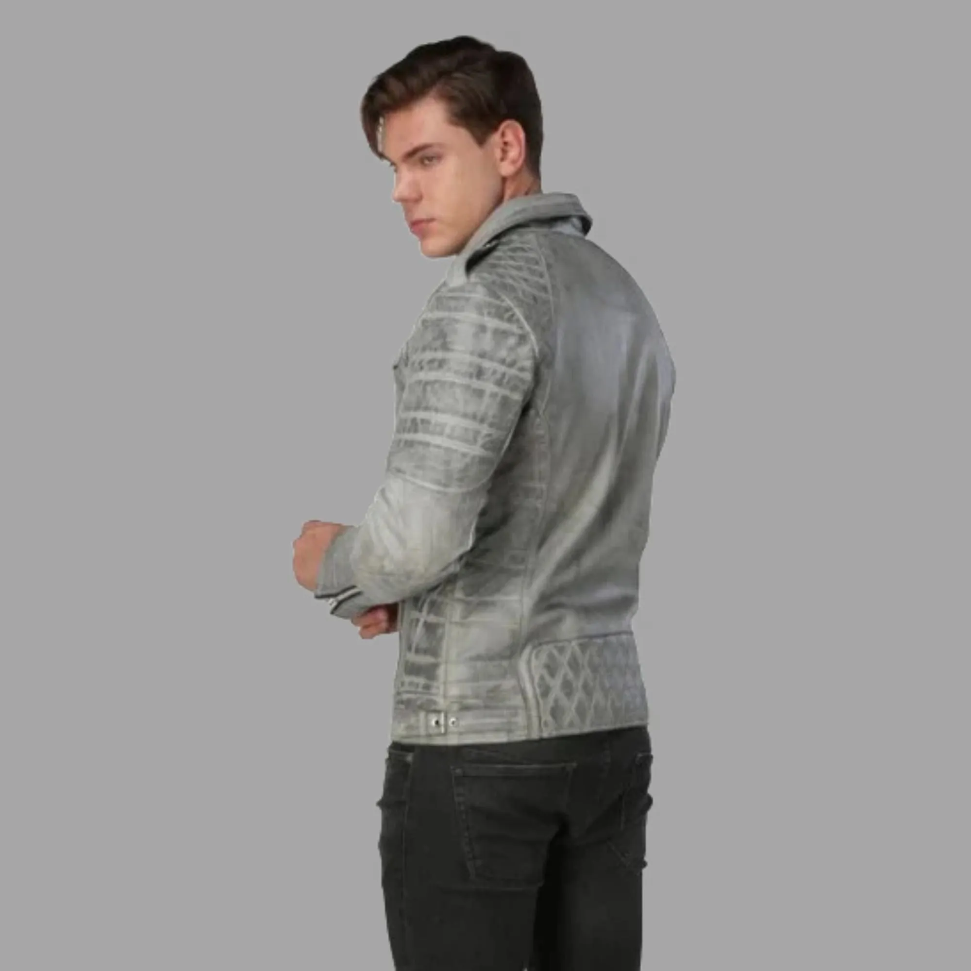 Mens Designer Grey Vintage Biker Leather Jacket Mans