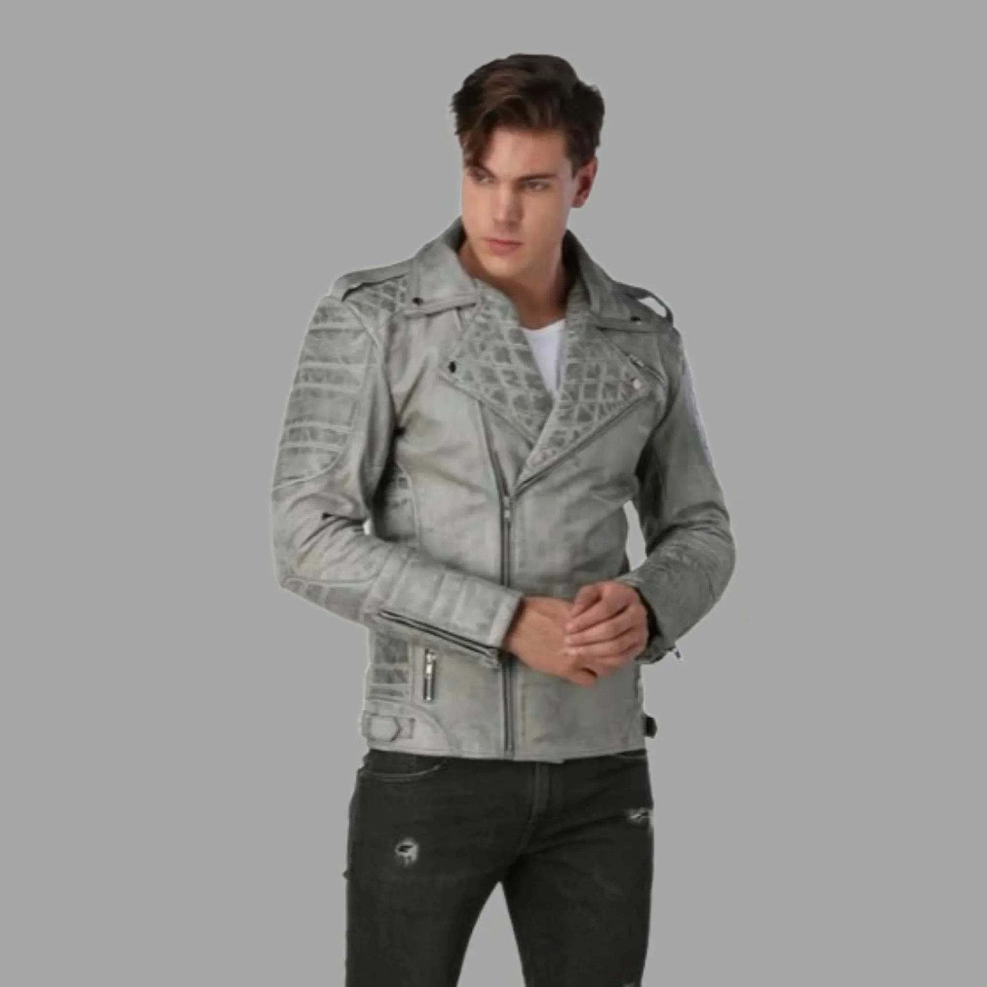 Mens Designer Grey Vintage Biker Leather Jacket Mans