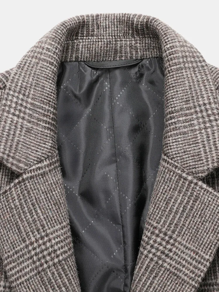 Men's Houndstooth Wool Single-Breasted Lapel Mid-Length Overcoat