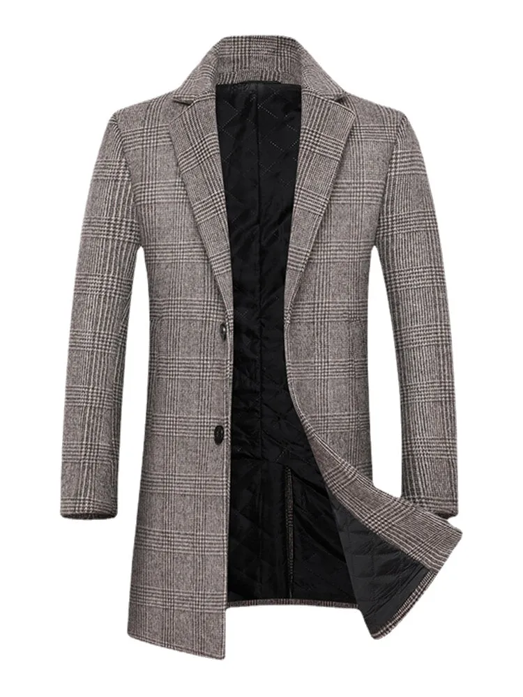 Men's Houndstooth Wool Single-Breasted Lapel Mid-Length Overcoat