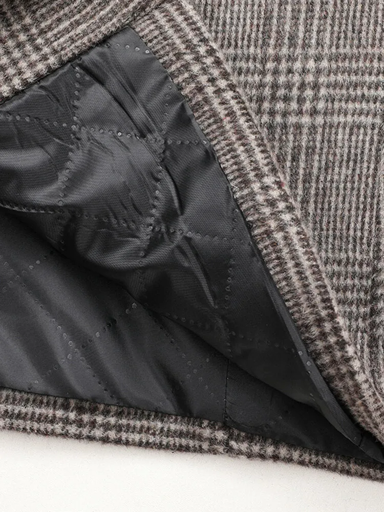 Men's Houndstooth Wool Single-Breasted Lapel Mid-Length Overcoat