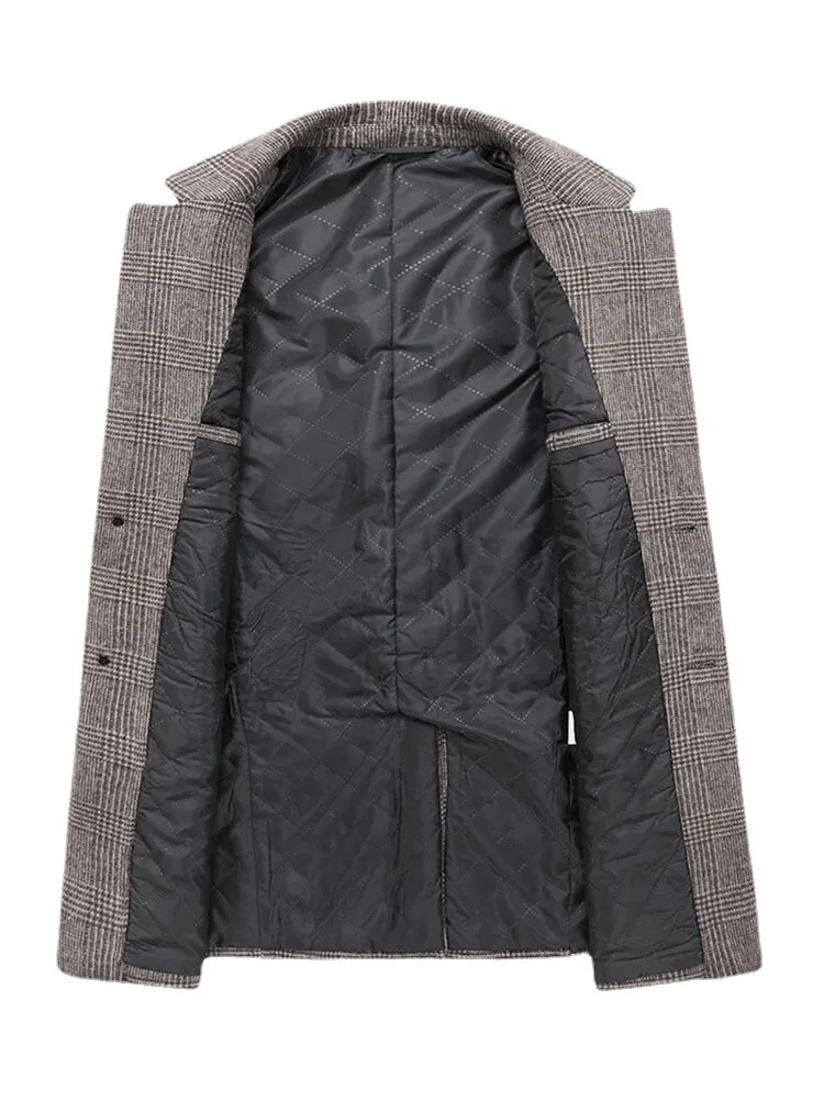 Men's Houndstooth Wool Single-Breasted Lapel Mid-Length Overcoat