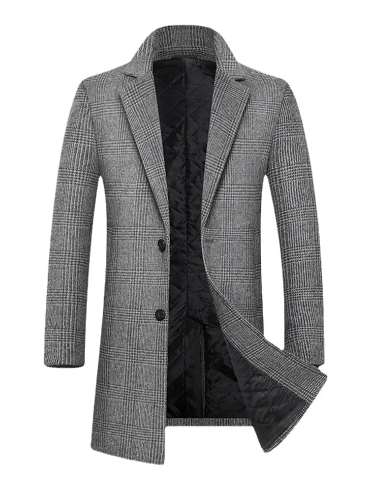 Men's Houndstooth Wool Single-Breasted Lapel Mid-Length Overcoat