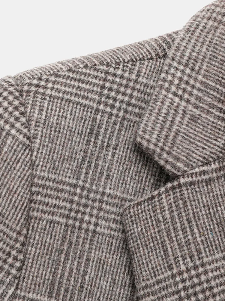 Men's Houndstooth Wool Single-Breasted Lapel Mid-Length Overcoat