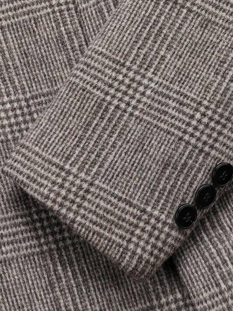 Men's Houndstooth Wool Single-Breasted Lapel Mid-Length Overcoat