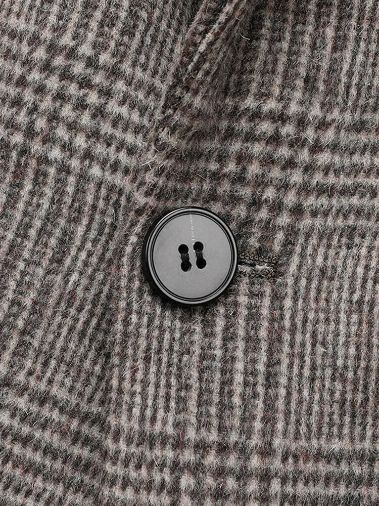 Men's Houndstooth Wool Single-Breasted Lapel Mid-Length Overcoat