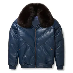 Men's Navy V-Bomber Faux Shearling Leather Jacket