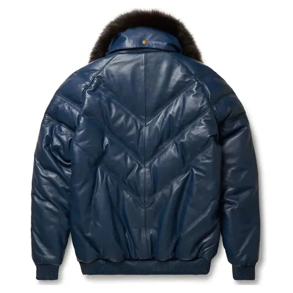 Men's Navy V-Bomber Faux Shearling Leather Jacket
